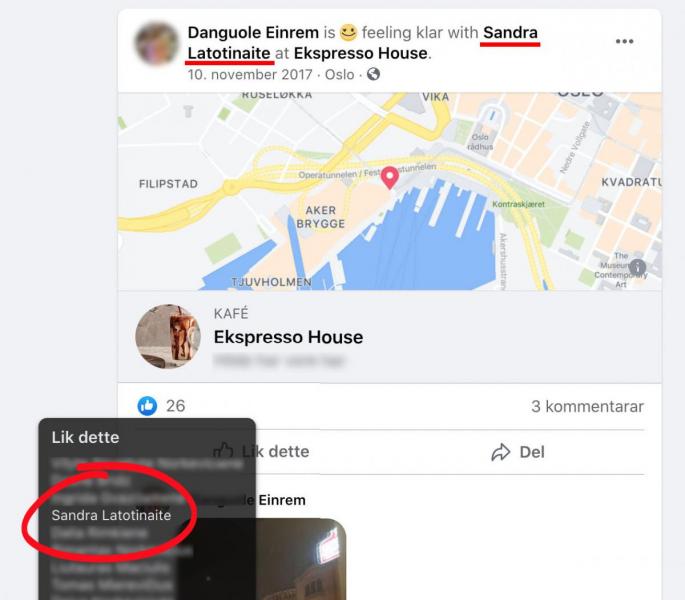Dette innlegget på Danguole Einrems Facebook-profil indikerer at hun og Sandra Latotinaite var sammen på Espresso House på Aker Brygge. Latotinaite har også likt dette innlegget med sin private profil. Foto: Skjermdump fra Facebook, Lastebil.nos uthevelser