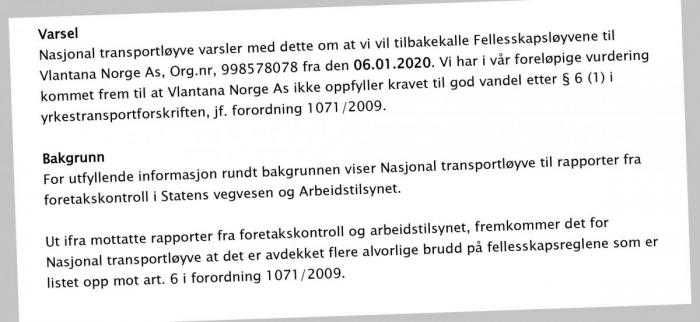 Utdrag fra løyveseksjonens brev til Vlantana Norge, sendt 09.12.2019.