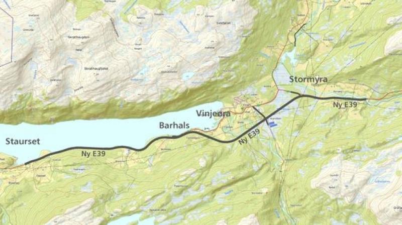 Statens vegvesen skal byggja 10,6 kilometer ny to‐felts E39 mellom Stormyra og Staurset i Heim kommune i Trøndelag. Statens vegvesen 