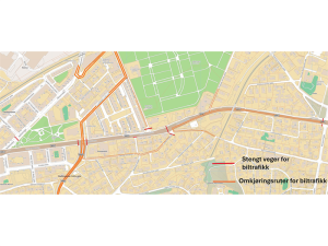 Nytt kjøremønster: Flere veger i tilknytning til Innherredsveien stenges fra mandag 3. februar. Rød farge betyr at vegene er stengt for biltrafikk, mens oransje farge er omkjøringsruter.