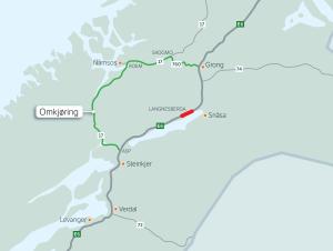 Kart som viser omkjøringen. Kart: Statens vegvesen Kart som viser omkjøringen. Kart: Statens vegvesen