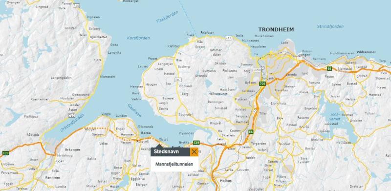 Tunnelen går mellom Hammer i Buvika og Furuvika, og er 1726 meter lang. Sammen med resten av nye E39 mellom Klett og Bårdshaug ble Brekktunnelen åpnet 30. juni 2005. Kart: Statens vegvesen.