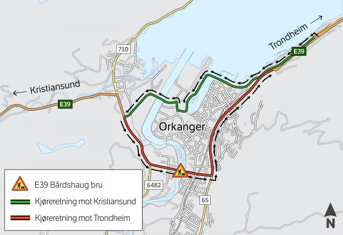 OMKJØRING: Inntil helstengingen er avsluttet vil trafikken i begge retninger gå via omkjøringsveien (grønn linje i illustrasjonen). Foto: SVV