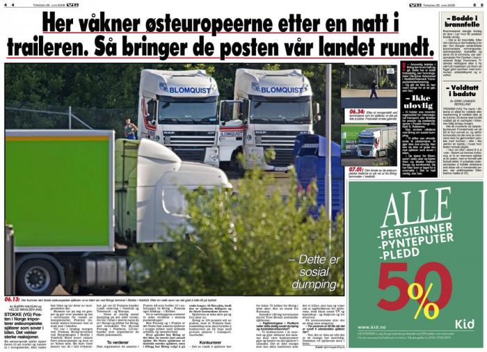 Allerede før bilene fikk grønne farger ble det slått alarm om sosial dumping. Posten kjøpte Blomquist Trucking i 2006, dette VG-oppslaget er fra 2009. Faksimile: VG