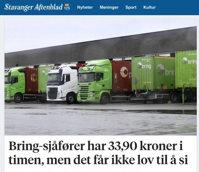 Her er oppslaget som startet mediekjøret mot Bring og datterselskapet Bring Trucking. Faksimile: Aftenbladet.no