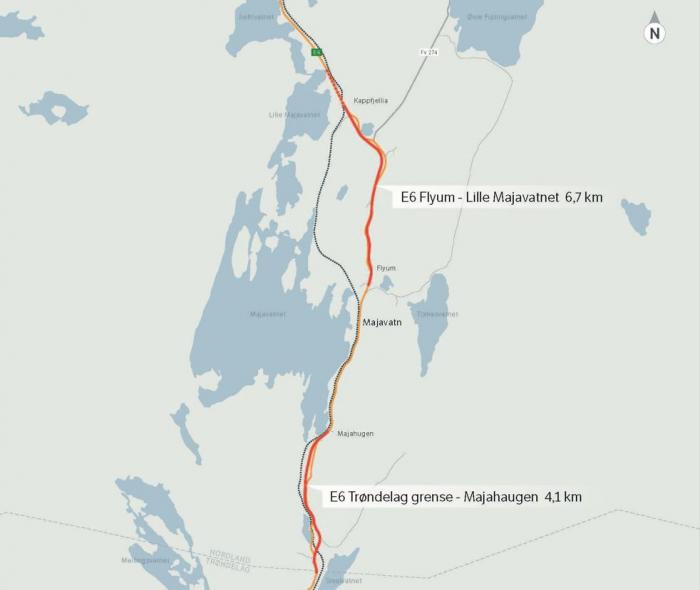 Prosjektet E6 Trøndelag grense-Lille Majavatn er delt i to parseller. Det skal blant annet bygges 9,6 kilometer, ny E6 med fartsgrense 90 km/t og klargjøres for 90 km/t på strekningen Kappfjellia-Lille Majavatn. Illustrasjon: Statens vegvesen.