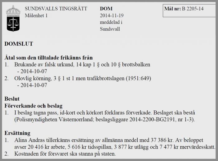 FAKSIMILE: Dette er domsslutningen i Sundsvalls Tingsrätt. MONTASJE: NLF