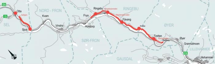 Planprogrammet gjelder for delstrekningene Øyer – Frya (ca. 40 km) og Sjoa – Otta/Solhjem (ca.10 km) Skisse: Nye Veier