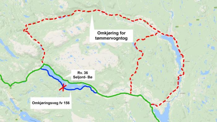 Det skal ikke være lett: Hvis hovedvegen mellom Bø og Seljord stenges, må tømmervogntogene legge ut på en skikkelig Telemarksturné. Illustrasjon: Google Maps