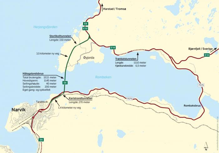  Trældaltunnelen er en tunnel på europavei 10 ved Trældal mellom Narvik og Bjerkvik i Narvik kommune i Nordland. Den røde, stiplede linjen viser hvor tunnelen går, og hvor E10 nå er stengt. Kart: Statens vegvesen