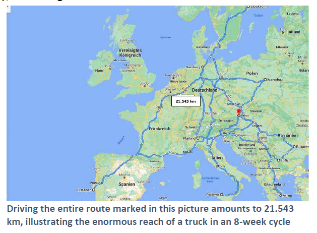 Figuren viser hvor langt man kan kjøre innenfor gjeldende kjøre- og hviletidsregler på åtte uker. I realiteten kan man dekke det meste av Europa.