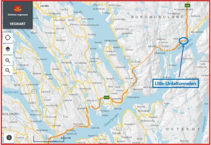 STENGT: Den blå markeringen viser den stengte tunnelen, som er en del av E39 i nordre del av Hordaland.  Montasje/kart: Jan Ove Halsøy/Statens vegvesen