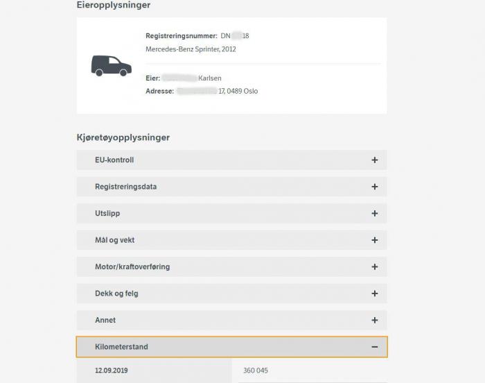 Skjermbilde med opplysninger om kjøretøy etter søk på Din side på vegvesen.no (personlige opplysninger er sladdet i etterkant).