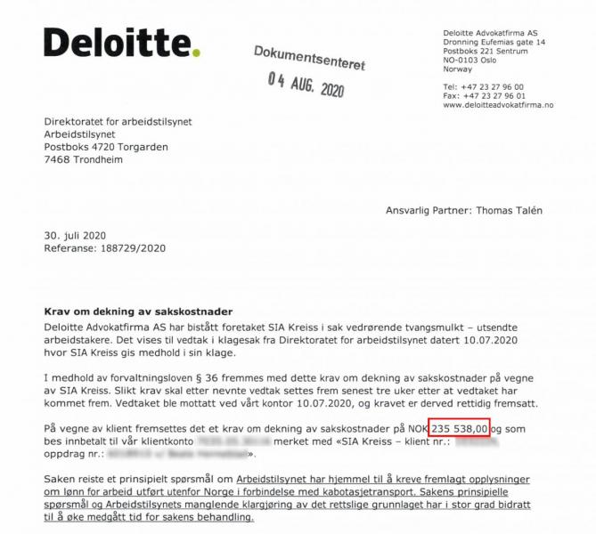 Kravet om dekning av saksomkostninger på 235 000 kroner ble oversendt til Arbeidstilsynet av Deloitte i sommer. Foto: Faksimile