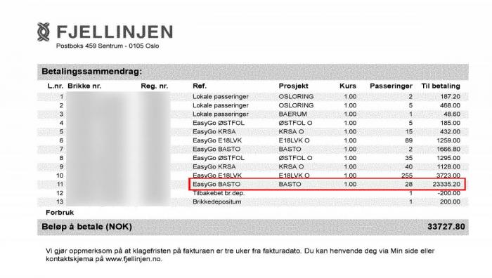Denne regningen fra Fjellinjen viser at lastebilen brikken er tilknyttet er belastet ferjepasseringer for 23 335,20 kroner i perioden. Det utgjør over 2 800 kroner i MVA. Foto: HJ Transport