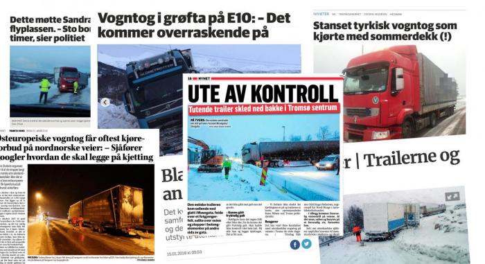 Den siste tiden har oppslagene om dårlig skodde utenlandske vogntog preget aviser over hele Norge. Faksimile: Framtid i Nord, Nordlys, Fremover
