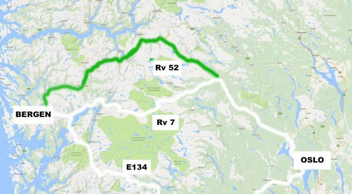 RV 52 i tillegg til E134 er de beste alternativene til øst-vest-forbindelse, konkluderer Statens vegvesen. Illustrasjon: Google Maps / Stein Inge Stølen