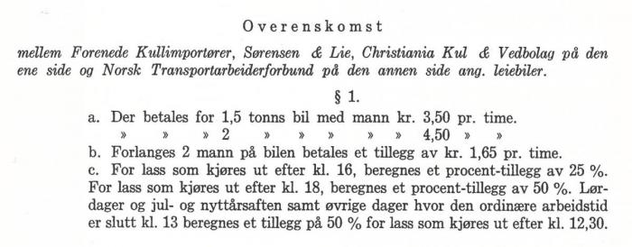 Grunnprisen for lastebil og sjåfør var kr 3,50 per time. Kilde: Norges lastebiltrafikk gjennom tidene av Bjarne Rokling, utgitt på Erhvervsforlaget i 1955.