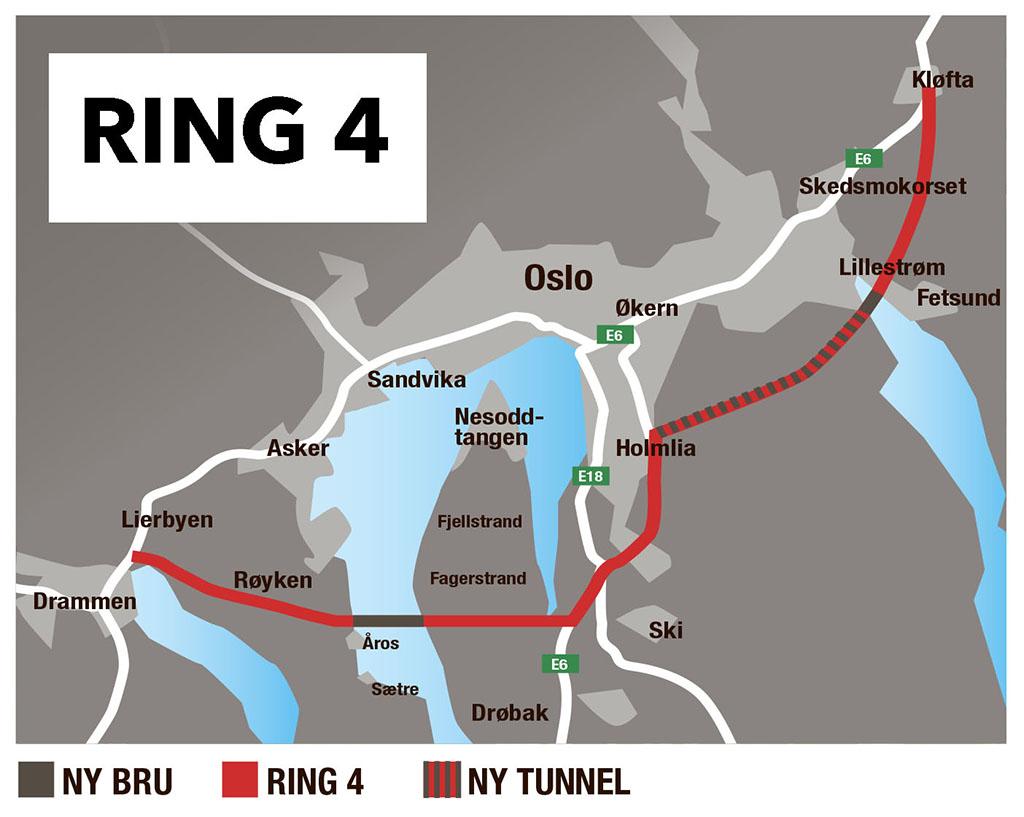 Slik ser NLFs Ring 4-forslag ut fra sørsiden av Oslo. Ved å føre trafikken videre i tunnel under Oslomarka, slik toget mellom Oslo og Lillestrøm gjør i dag, kan trykket lettes betraktelig. Illustrasjon: NLF