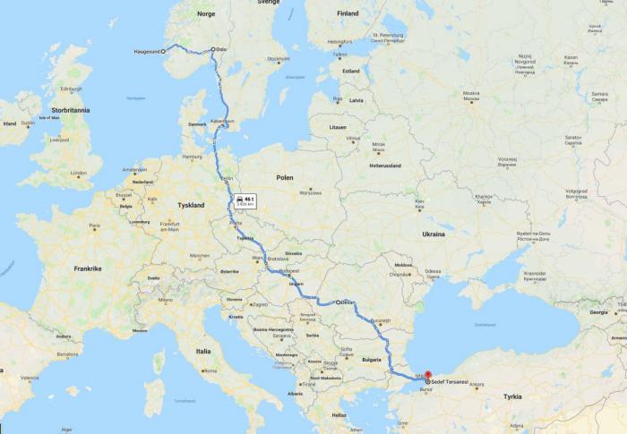 Slik blir ruten for bilen fra Pedersen Logistikk. Illustrasjon: Google Maps