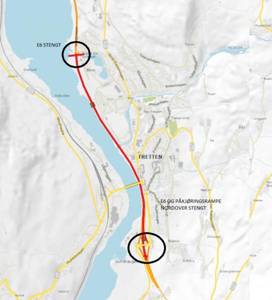 Kartet viser stengningspunktene, samt avkjøring E6 fra nord og sør for omkjøringsvei. Omkjøringen blir skiltet. Foto: SVV