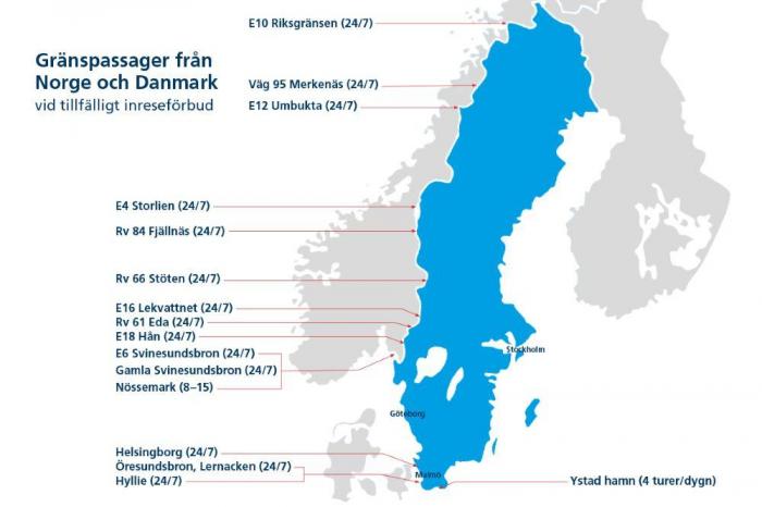 Kartet viser åpne grensepassasjer til Sverige fra Norge og Danmark. Illustrasjon: Polisen