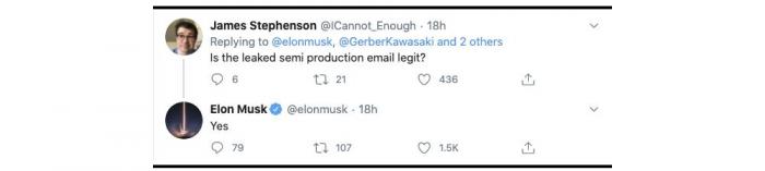 BEKREFTELSE: Her bekrefter Elon Musk e-postmeldingen som lekket tidligere i dag. Skjermdump: Twitter