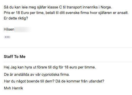 Når Lastebil.no kontakter Arvidsson for å undersøke lønnsnivået, etterlates ingen tvil. Foto: Skjermdump, e-post