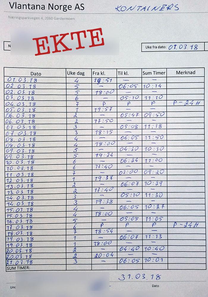 Her har sjåføren tatt bilde av den håndskrevne timelisten før den sendes inn til arbeidsgiveren. Legg merke til antallet timer det jobbes, og tidspunktene - utelukkende nattarbeid.