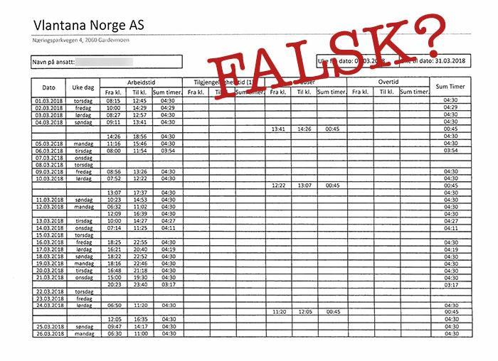 Er denne timelisten ekte, eller falsk? Ifølge Terje Larssen jobber sjåførene utelukkende 9-timersskift. Men timelistene sier noe annet.
