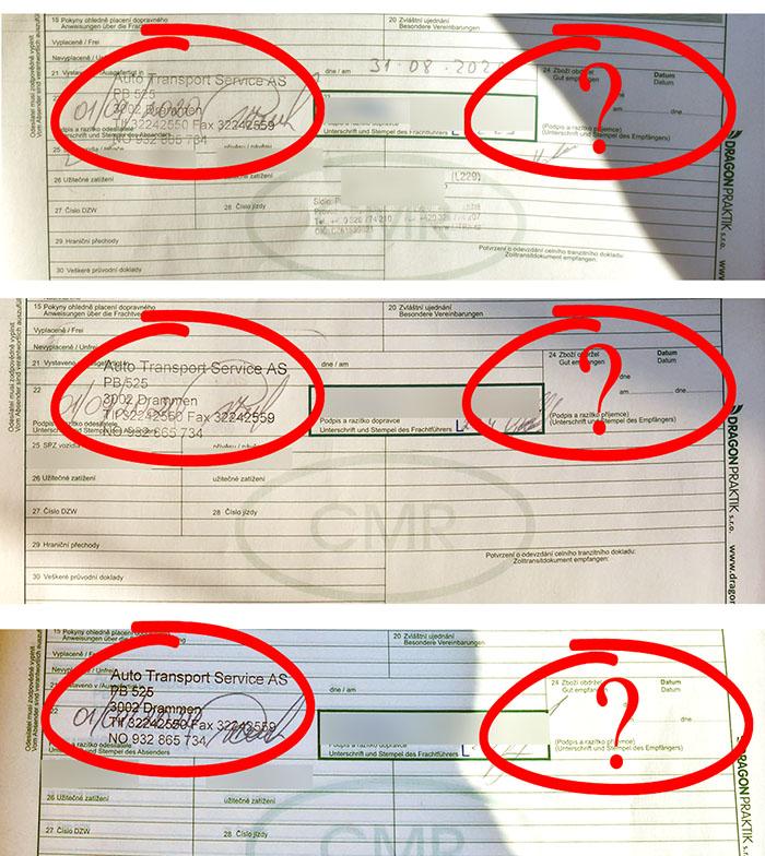 På alle tre inngående fraktbrev mangler signaturen fra avsender, som i dette tilfellet er Wallhamn i Sverige. I stedet finner vi Auto Transport Service sitt stempel. Montasje: Stein Inge Stølen