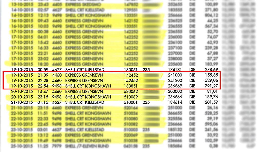 Alle dieselfyllinger merket gult er identifisert som svindel. Vi har uthevet tre fyllinger i rødt: Det skal godt gjøres å bruke opp 1475 liter på under 1,5 time.