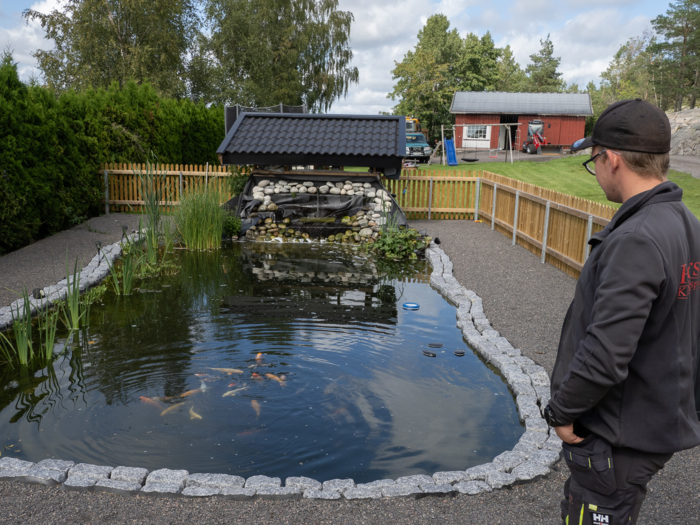 HOBBY: Marius har bygget egen karpedam i hagen. Her svømmer det nå rundt trettitre halvstore karpefisker i en to meter dyp dam på trettifem kubikk.