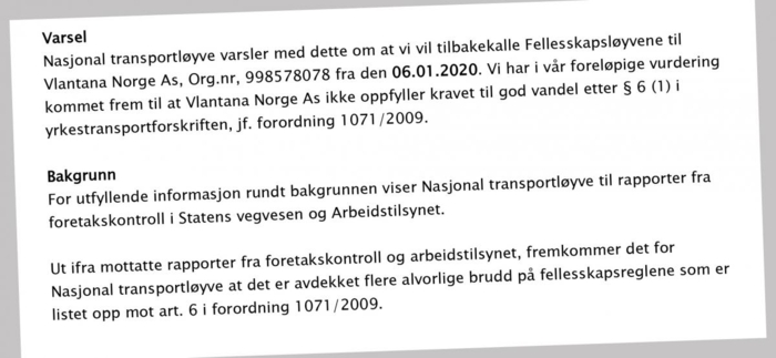 Utdrag fra løyveseksjonens brev til Vlantana Norge, sendt 09.12.2019.
