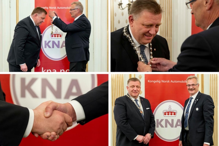 TAKKER FOR SEG: Geir A. Mo, påtroppende president i KNA, mottar presidentkjedet fra avtroppende president, Finn Eirik Eilertsen. Eilertsen takker av etter seks år i rollen. Foto: Jamieson Pothecary.