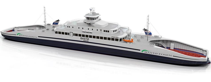 Den nye ferja skal ha kapasitet på 200 personbiler og opp til 24 vogntog, og hurtiglades med høyspenning opptil 7200 kW. Illustrasjon: Bastø Fosen AS