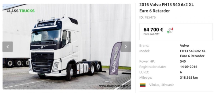 Her er et eksempel på hva en Volvo FH 540, Vlantana Norges foretrukne trekkvogn, koster på bruktmarkedet. Denne aktuelle bilen står til salgs i Litauen og kan godt tenkes å ha vært i tidligere tjeneste for Vlantana Norge. Foto: Skjermdump, Classtrucks.com