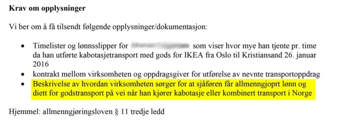 I dette brevet til Bring Trucking datert 16.02.2016 etterlyser Arbeidstilsynet en rutinebeskrivelse for betaling av allmenngjort lønn. Faksimile: Arbeidstilsynet. Uthevet av Lastebil.no.