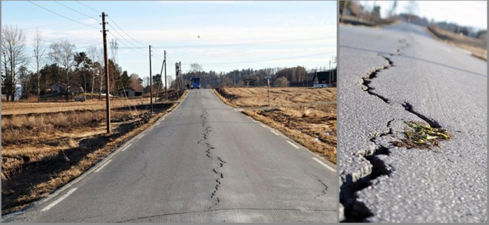 NORGE: Fylkesvei 284 i Buskerud. I 2012 "plantet" lite tilfredse naboer blomster i den sprukne asfalten. Foto: Stig Odenrud