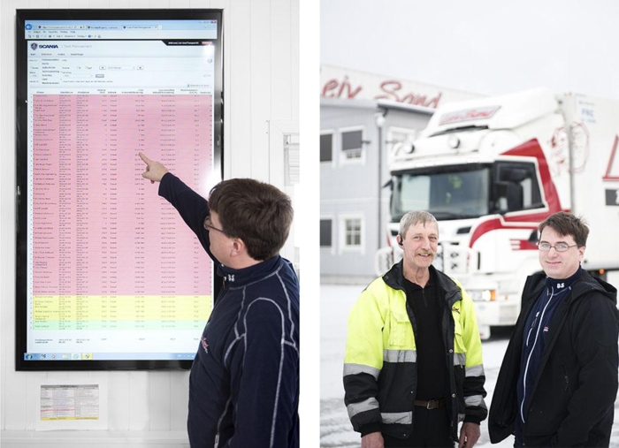 Til venstre: På veggen på kontoret kan alle følge med på det Arild Sand kaller "live energiledelse". Her rangeres sjåførene etter dieselforbruk. Til høyre: Verneombud og sjåfør Frits Sundseth (t.v.) og daglig leder Arild Sand i Leiv Sand Transport. Foto: Enova