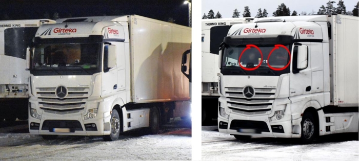 Her ser vi en av flere Girteka-lastebiler observert ved Fugleåsen døgnhvileplass. Det første bildet, hvor en tent lampe er synlig i førerhyttens sovedel, er tatt en fredag ettermiddag. Det andre er tatt påfølgende søndag formiddag. Bilen har ikke vært i bevegelse mellom fotograferingene. Foto: Stein Inge Stølen