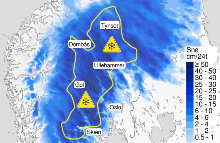 MYE SNØ: Det kan komme opp mot 40 centimeter snø enkelte steder.  FOTO: METEOROLOGISK INSTITUTT