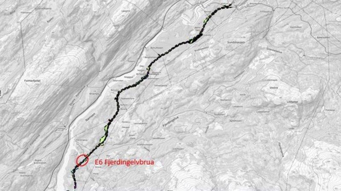 Tryggere: E6 mellom Fjerdingen og Grøndalselv skal oppgraderes til dagens standard for nasjonale hovedveger. Svinger skal utbedres, og tofelts-vegen får en bredde på 9 meter. Kart illustrasjon: Statens vegvesen