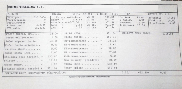 Dette er standard-lønnslippen som sjåfører i Bring Trucking mottar, også etter kabotasjeoppdrag i Norge. Den bryter med flere regler i Arbeidsmiljøloven. Foto: Stein Inge Stølen