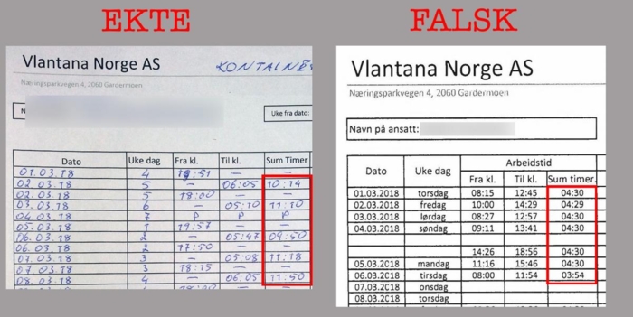 De maskinskrevne timelistene Vlantana har benyttet som lønnsgrunnlag, antas å være totalt fiktive. Foto: Stein Inge Stølen