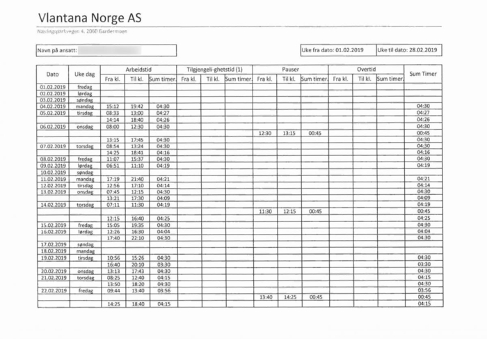 Slik ser en timeliste fra Vlantana Norge ut. Legg merke til hvor mange ganger tallet 04:30 går igjen.