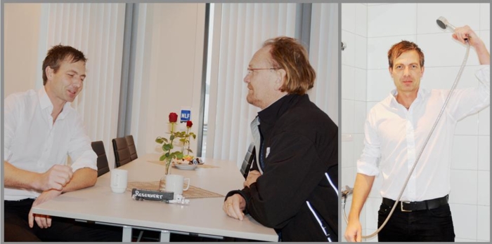 RESERVERTE BORD: Geir Figenschau (t.v.) tok med glede imot NLF-flagget Reidar Retterholt hadde med. Nå står det på «trailerbordet». På bildet til høyre demonstrerer verten dusjanlegget. Foto: Stig Odenrud