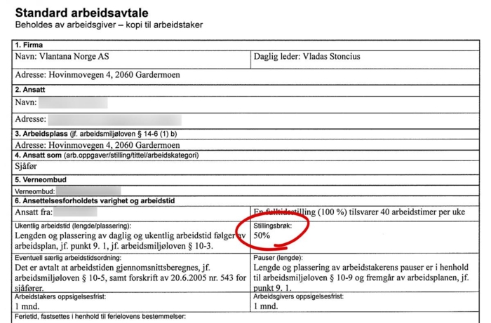 Sjåførene er tilsynelatende utelukkende ansatt på 50-prosentskontrakter. Men jobber de fulle 9-timersdager over færre dager, eller 4,5-timersdager hele måneden?