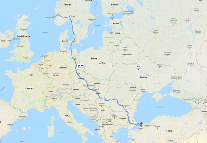 Slik blir ruten for bilen fra Pedersen Logistikk. Illustrasjon: Google Maps