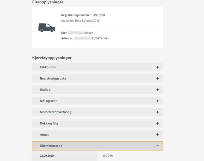 Skjermbilde med opplysninger om kjøretøy etter søk på Din side på vegvesen.no (personlige opplysninger er sladdet i etterkant).